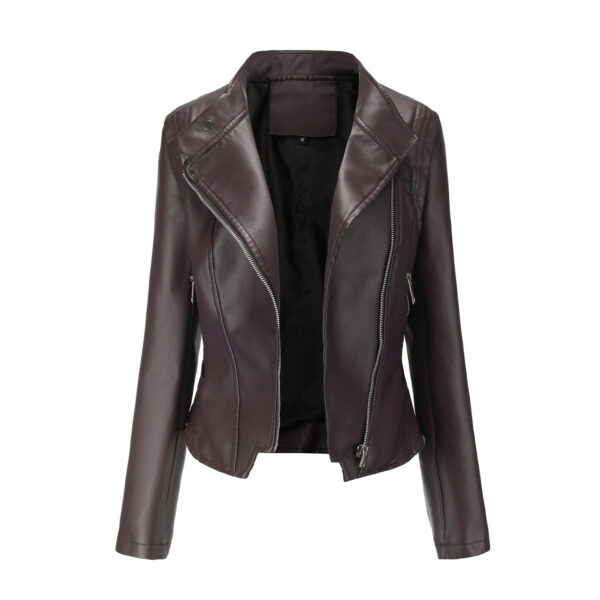 Lapel Women Slim-fit Leather Coat - Image 8