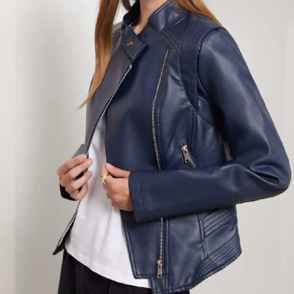 Lapel Women Slim-fit Leather Coat