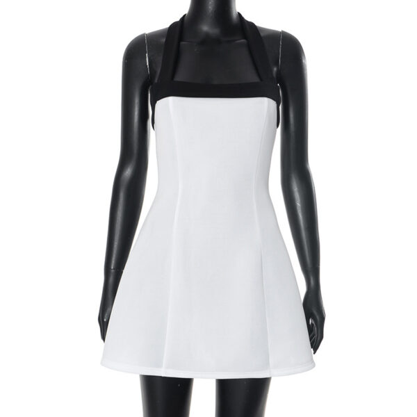 Black Halter Off Shoulder White Mini Dress - Image 3